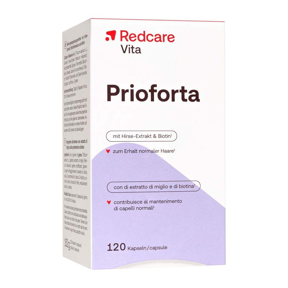 Scatola con logo rosso. Scritta: Prioforta, 120 capsule. Contiene estratto di miglio e biotina. Vista obliqua.