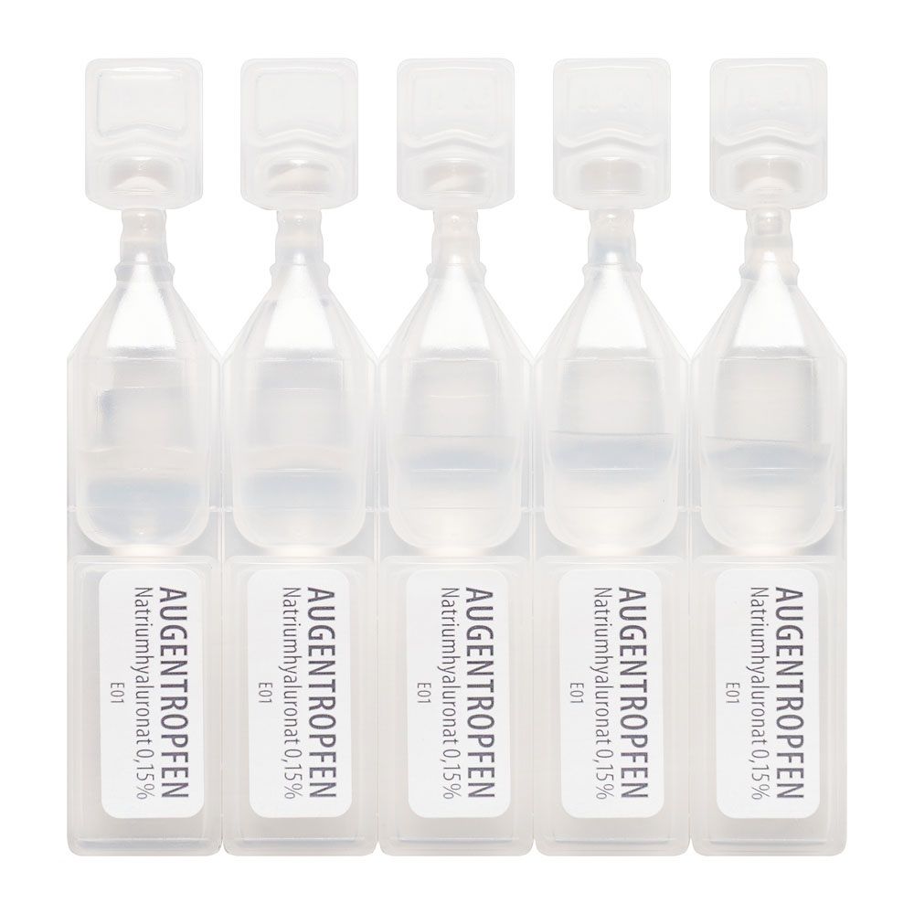 Cinque fiale monodose sterili di collirio Redcare con acido ialuronico 0,15%.