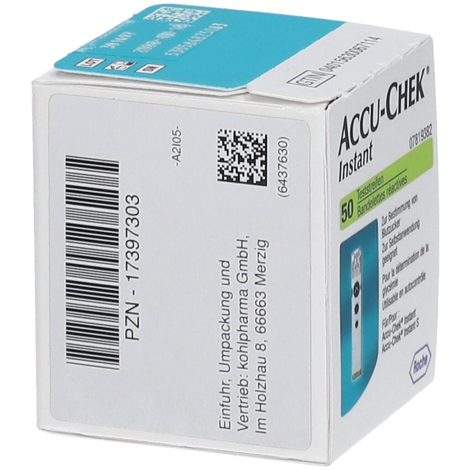 Retro della confezione Accu-Chek Instant. Contiene informazioni come PZN, codice a barre e indirizzo del produttore.