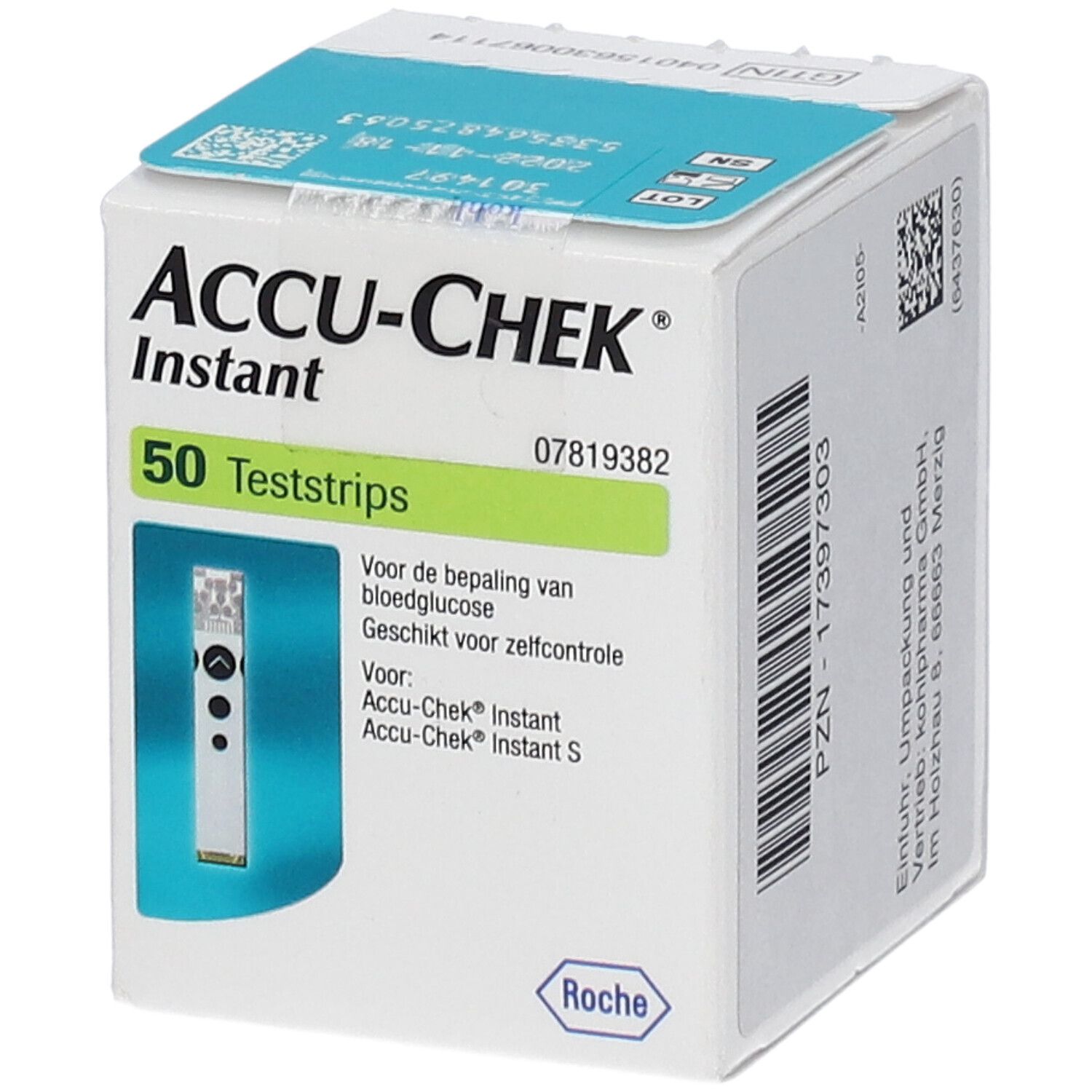 Confezione Accu-Chek Instant con 50 strisce reattive. Scritte in tedesco. Contiene una striscia.