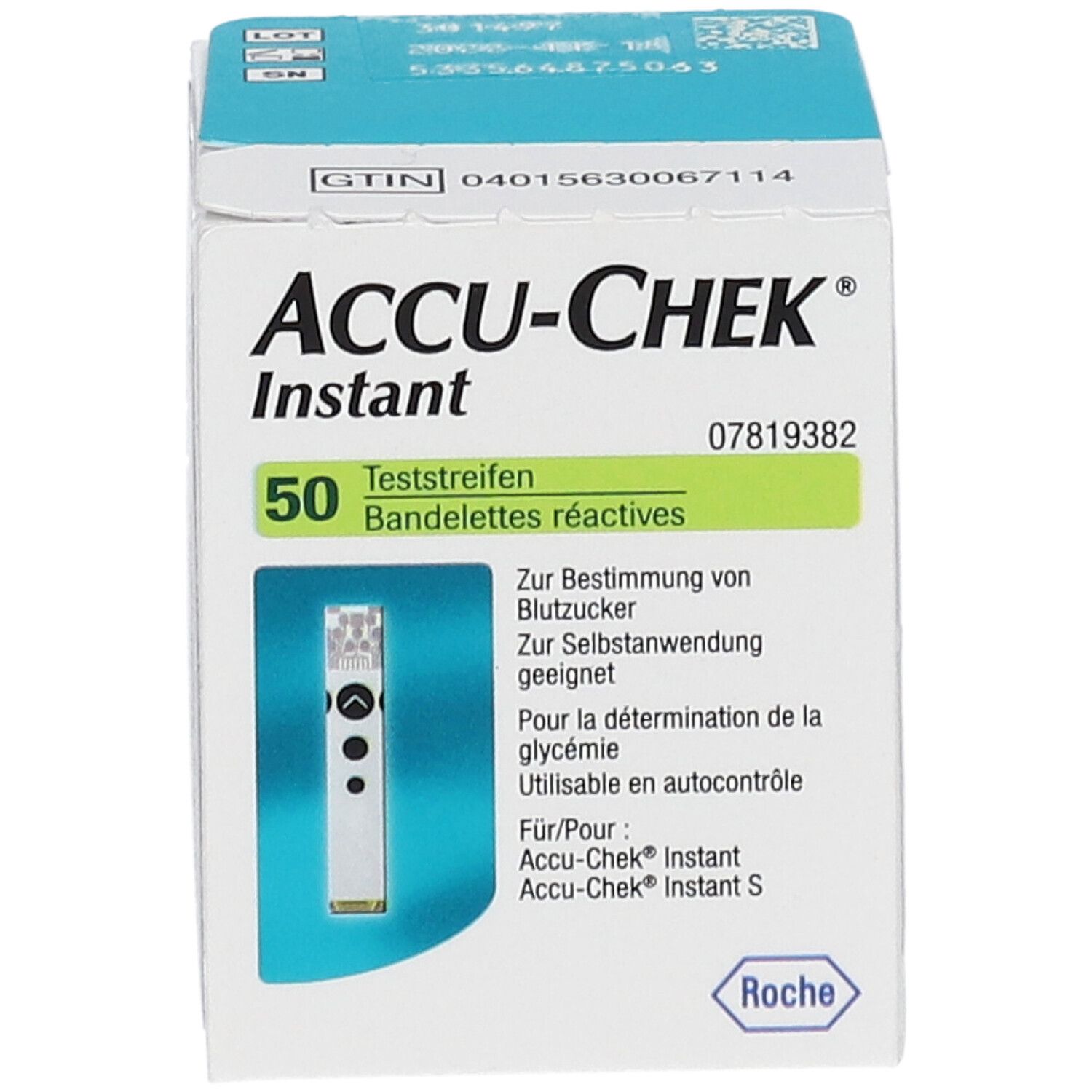 Confezione Accu-Chek Instant con 50 strisce reattive. Scritte in tedesco e francese. Contiene una striscia.