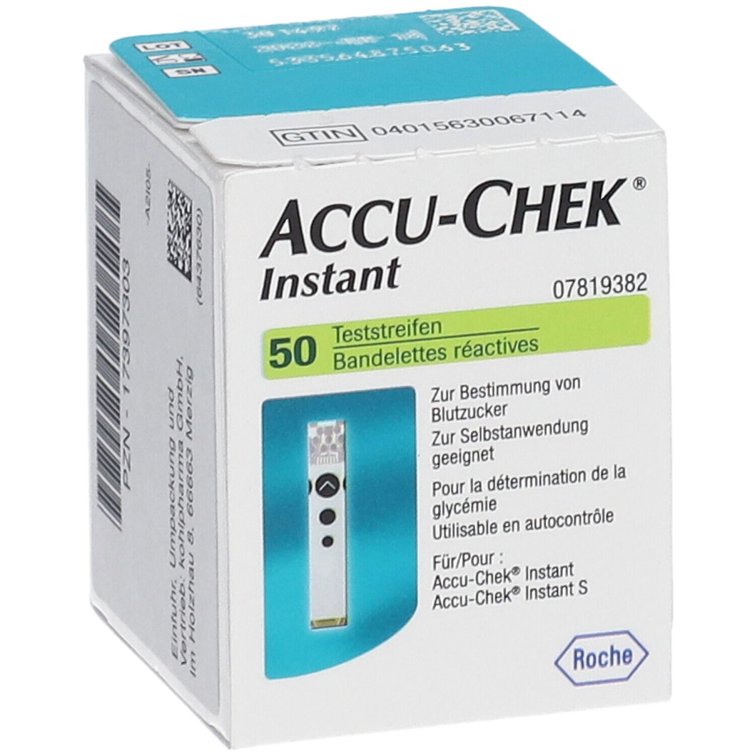 Confezione Accu-Chek Instant con 50 strisce reattive. Scritte in tedesco e francese. Contiene una striscia.