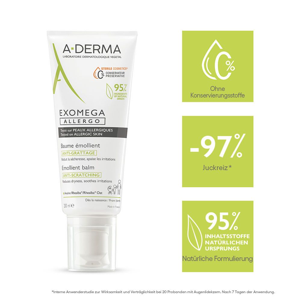 Tubo A-DERMA EXOMEGA ALLERGO accanto a tre riquadri verdi. Senza conservanti, -97% prurito, 95% ingredienti naturali.