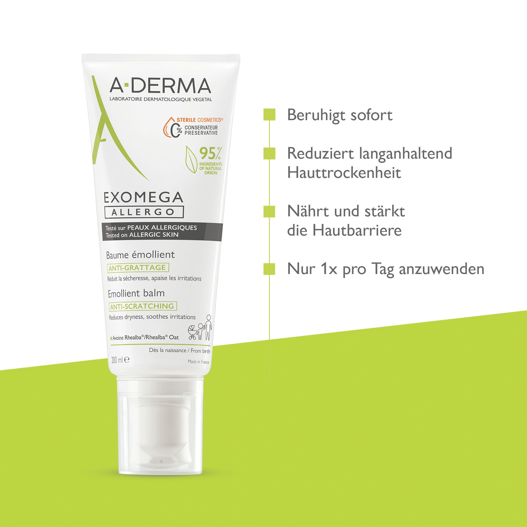 Balsamo A-Derma Exomega Allergo: lenisce, riduce la secchezza, nutre e rinforza la barriera cutanea.
