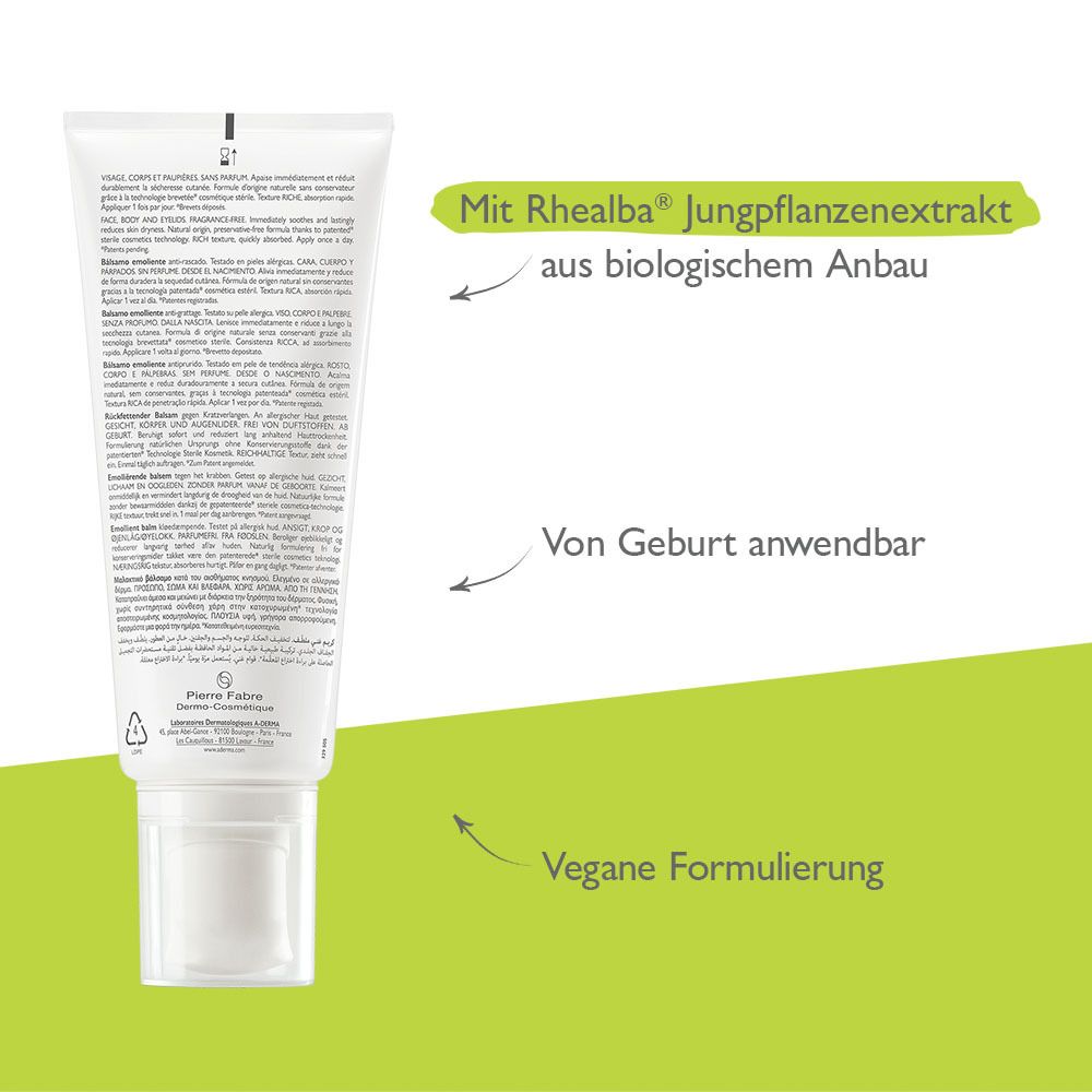 Retro del tubo. Testo con estratto di giovani piante RHEALBA, utilizzabile dalla nascita, formulazione vegana.