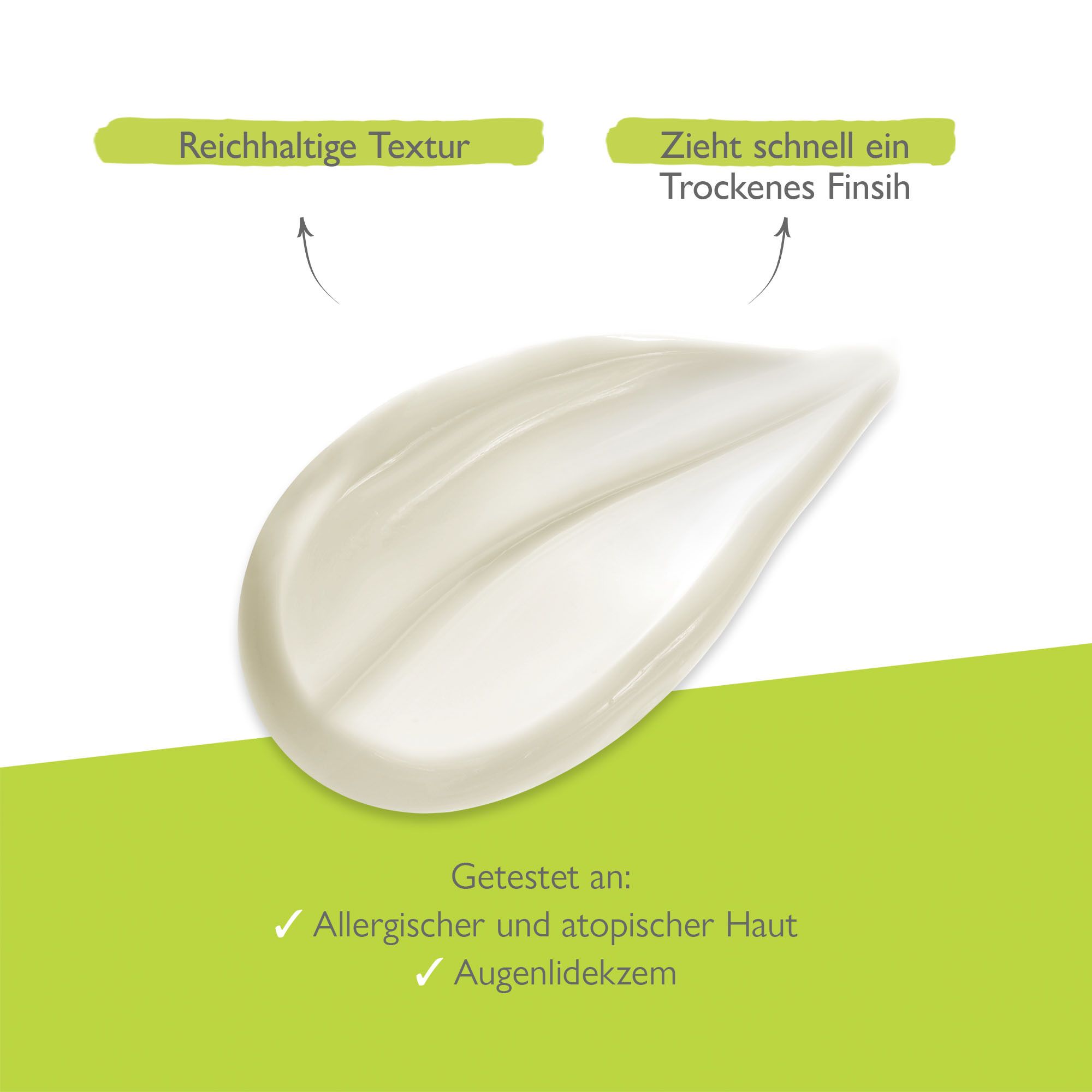 Macchia di crema su sfondo verde. Testo: Texture ricca, assorbimento rapido. Testato su pelle allergica e atopica.
