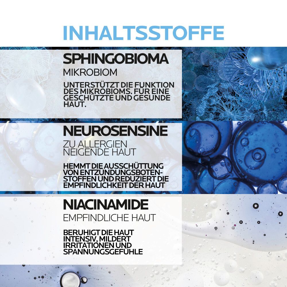 Testo con ingredienti: Sphingobioma, Neurosensine, Niacinamide. Sfondo con elementi blu.