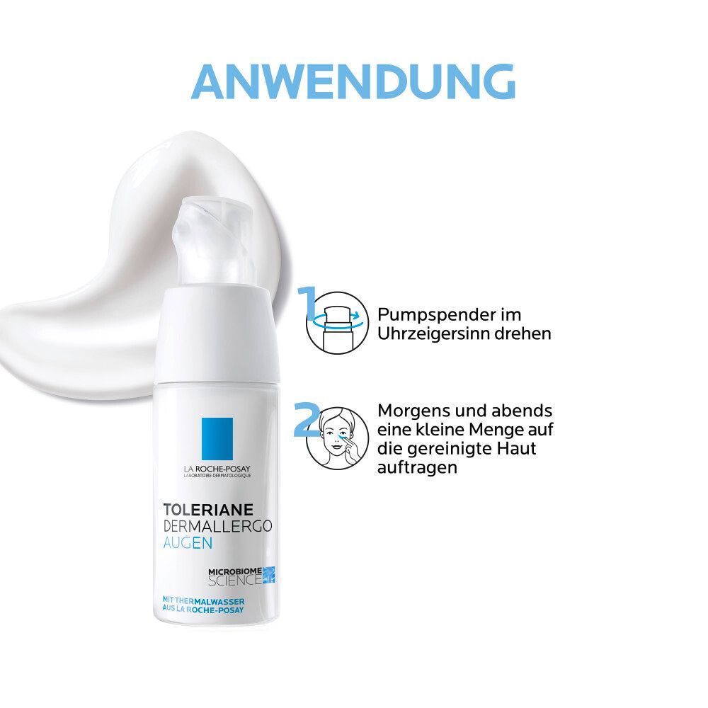Tubo di crema occhi. Testo: Toleriane Dermallergo Occhi. Istruzioni: ruotare il tappo, applicare mattina e sera.