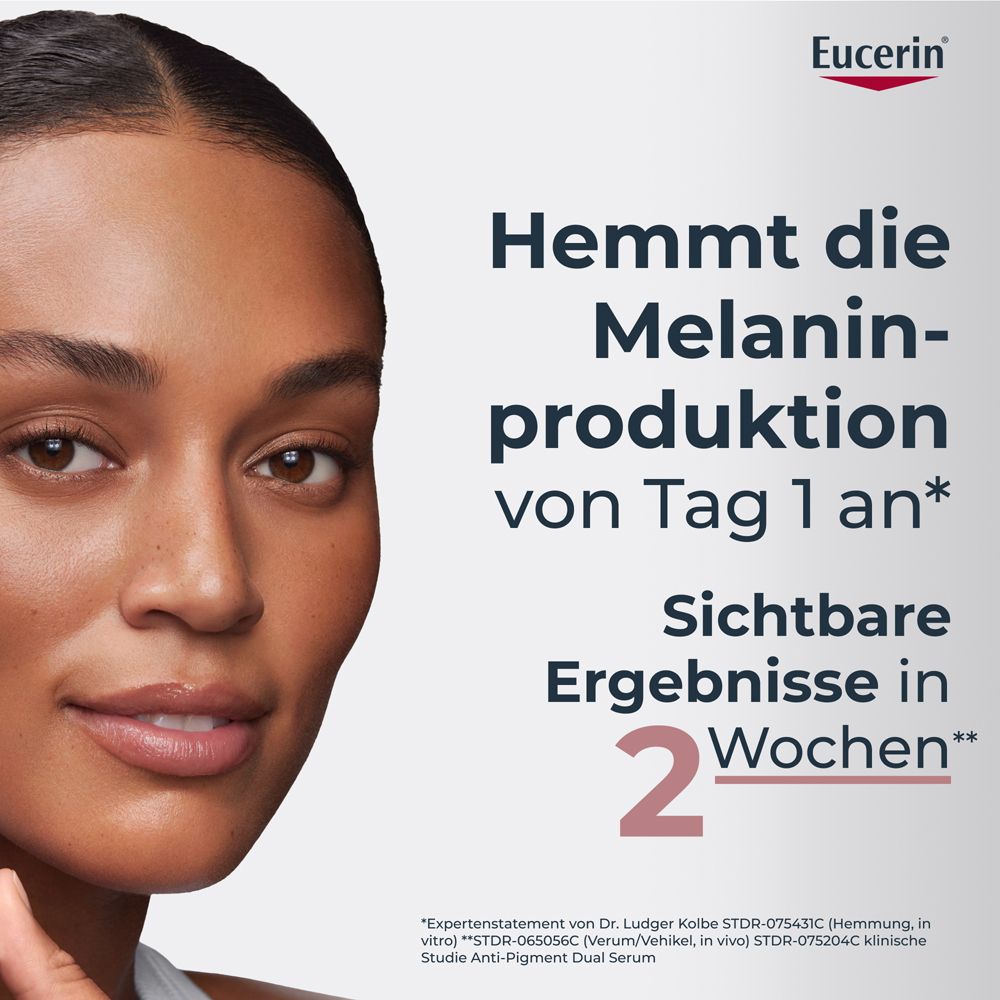 Donna con pelle scura che evidenzia l'efficacia del siero Eucerin Anti-Pigment contro le macchie pigmentarie.