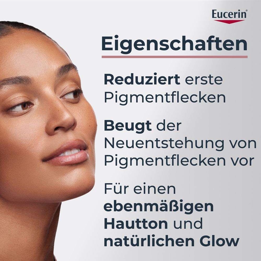 Donna con pelle scura che evidenzia le proprietà del siero Eucerin Anti-Pigment: riduce le macchie pigmentarie.