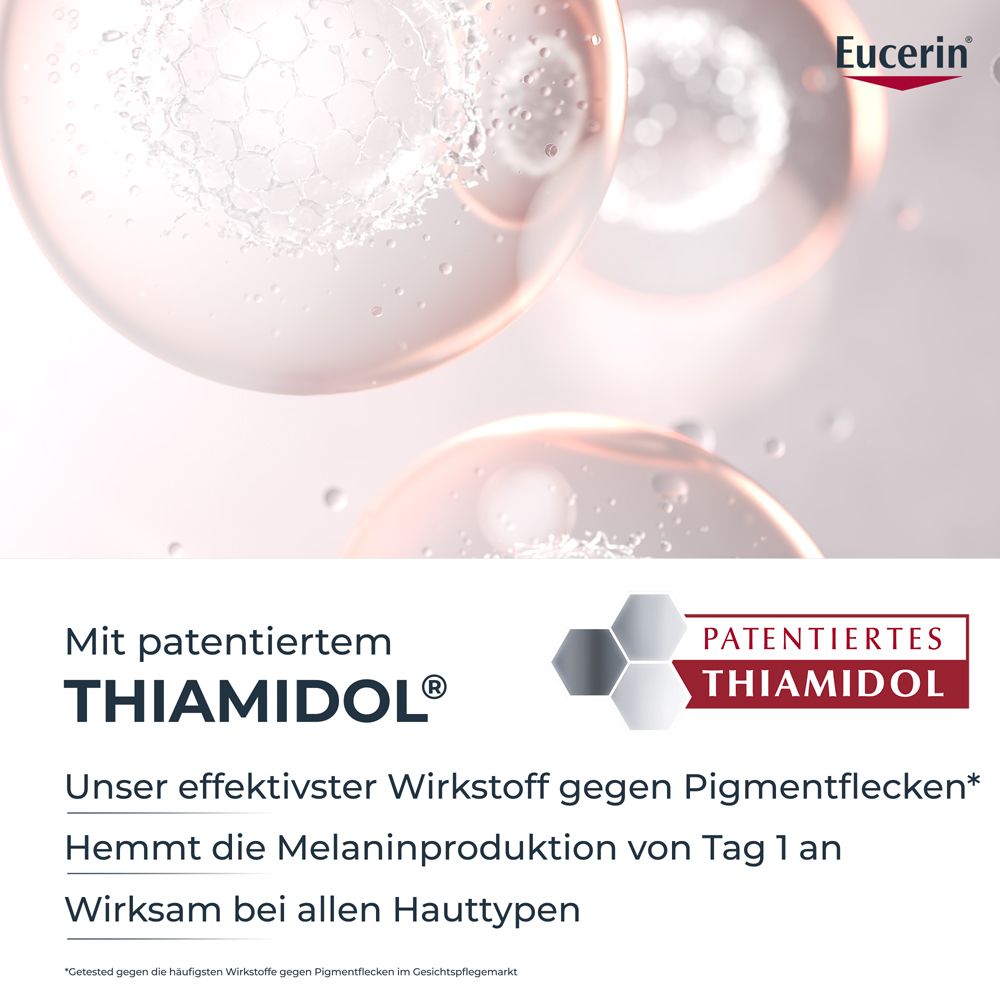 Rappresentazione astratta di molecole che illustrano l'azione del Thiamidol brevettato nel siero Eucerin Anti-Pigment.