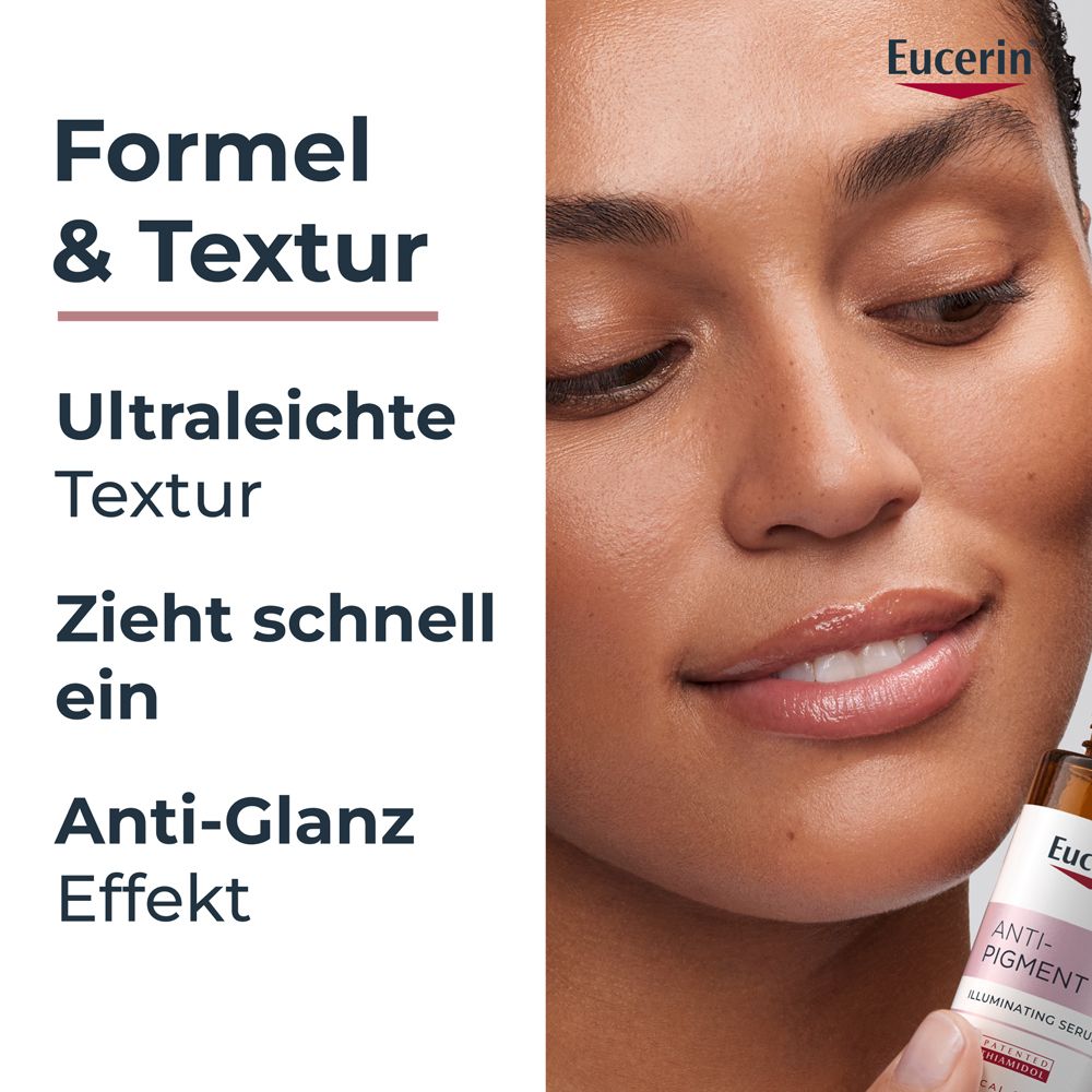 Donna con pelle scura che mostra la texture ultraleggera e il rapido assorbimento del siero Eucerin Anti-Pigment.