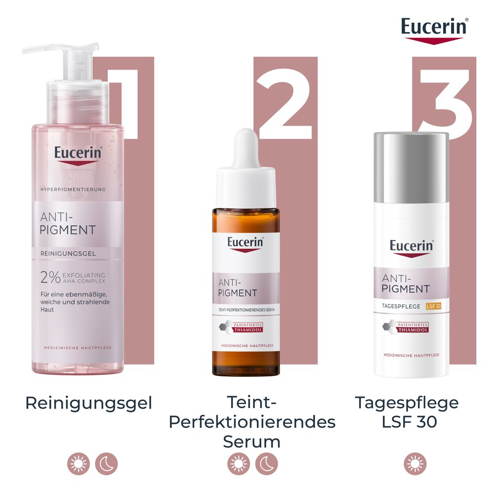 Routine Eucerin Anti-Pigment: Gel detergente, Siero perfezionatore del colorito e Cura giorno SPF 30.