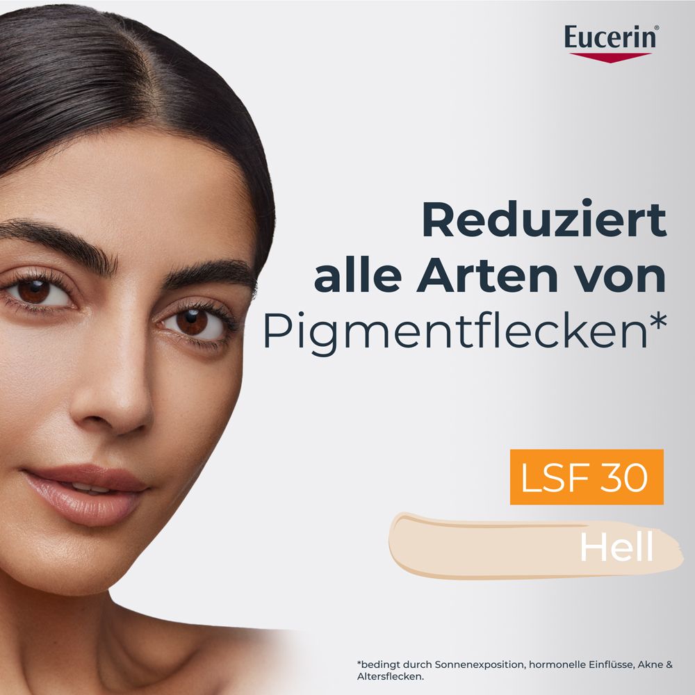 Donna con incarnato uniforme, Eucerin Anti-Pigment Crema giorno SPF 30 chiara.