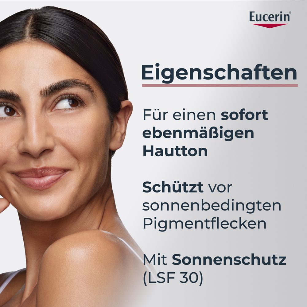 Donna con incarnato uniforme, Eucerin Anti-Pigment Crema giorno protegge dalle macchie pigmentarie.