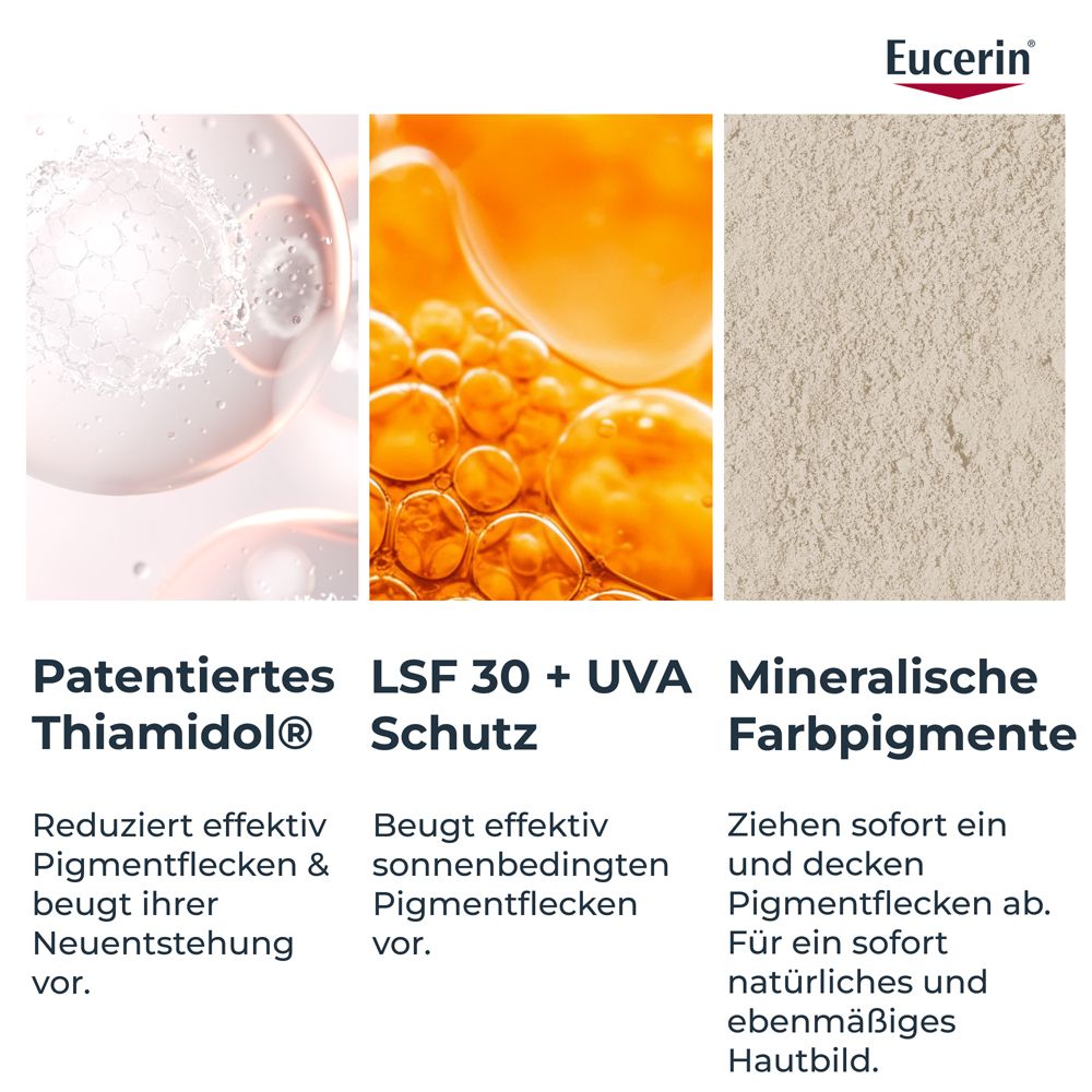 Eucerin Anti-Pigment: Thiamidol®, protezione SPF 30+UVA, pigmenti minerali.