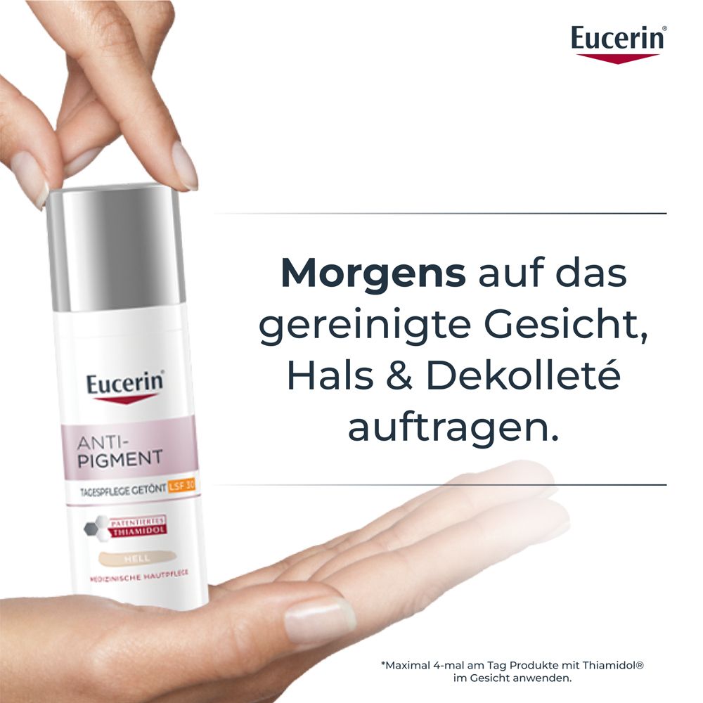 Istruzioni d'uso: Eucerin Anti-Pigment Crema giorno al mattino su viso, collo, décolleté.
