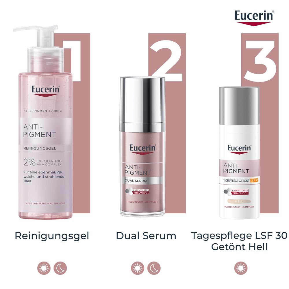 Routine Eucerin Anti-Pigment: Gel detergente, Siero Doppio, Crema giorno SPF 30.