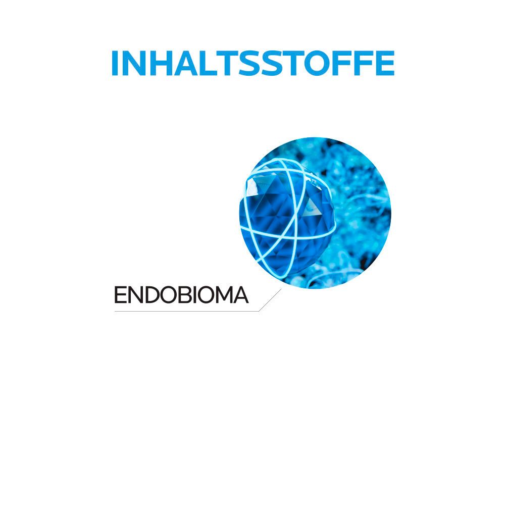 Icona blu rotonda con testo: Endobioma. Sfondo: motivo astratto blu.