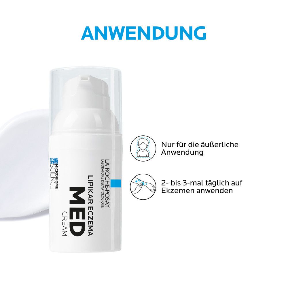 Tubo di crema con testo e icone. Uso: solo per uso esterno. Applicare 2-3 volte al giorno sull'eczema.
