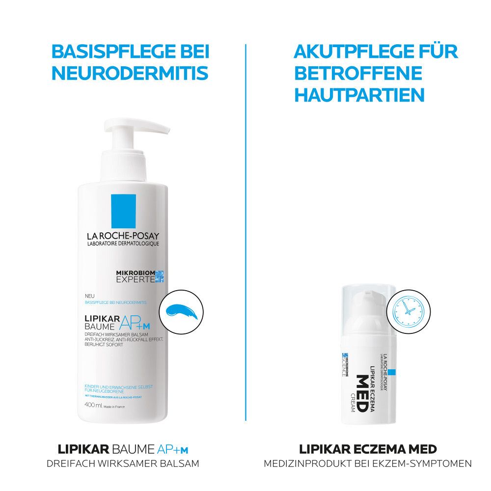 Due prodotti affiancati. Sinistra: Lipikar Baume AP+M. Destra: Lipikar Eczema Med. Prodotto medico per i sintomi dell'eczema.