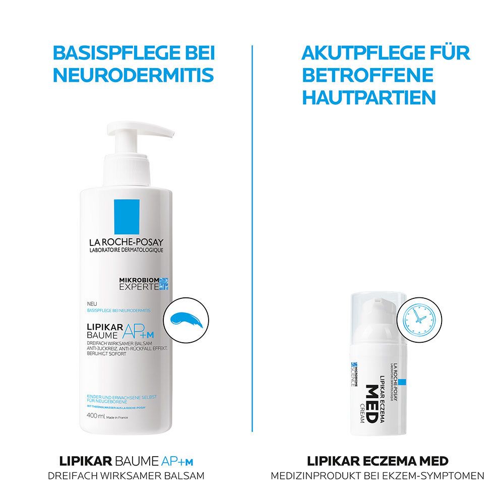 Due prodotti affiancati. Sinistra: Lipikar Baume AP+M. Destra: Lipikar Eczema Med. Prodotto medico per i sintomi dell'eczema.