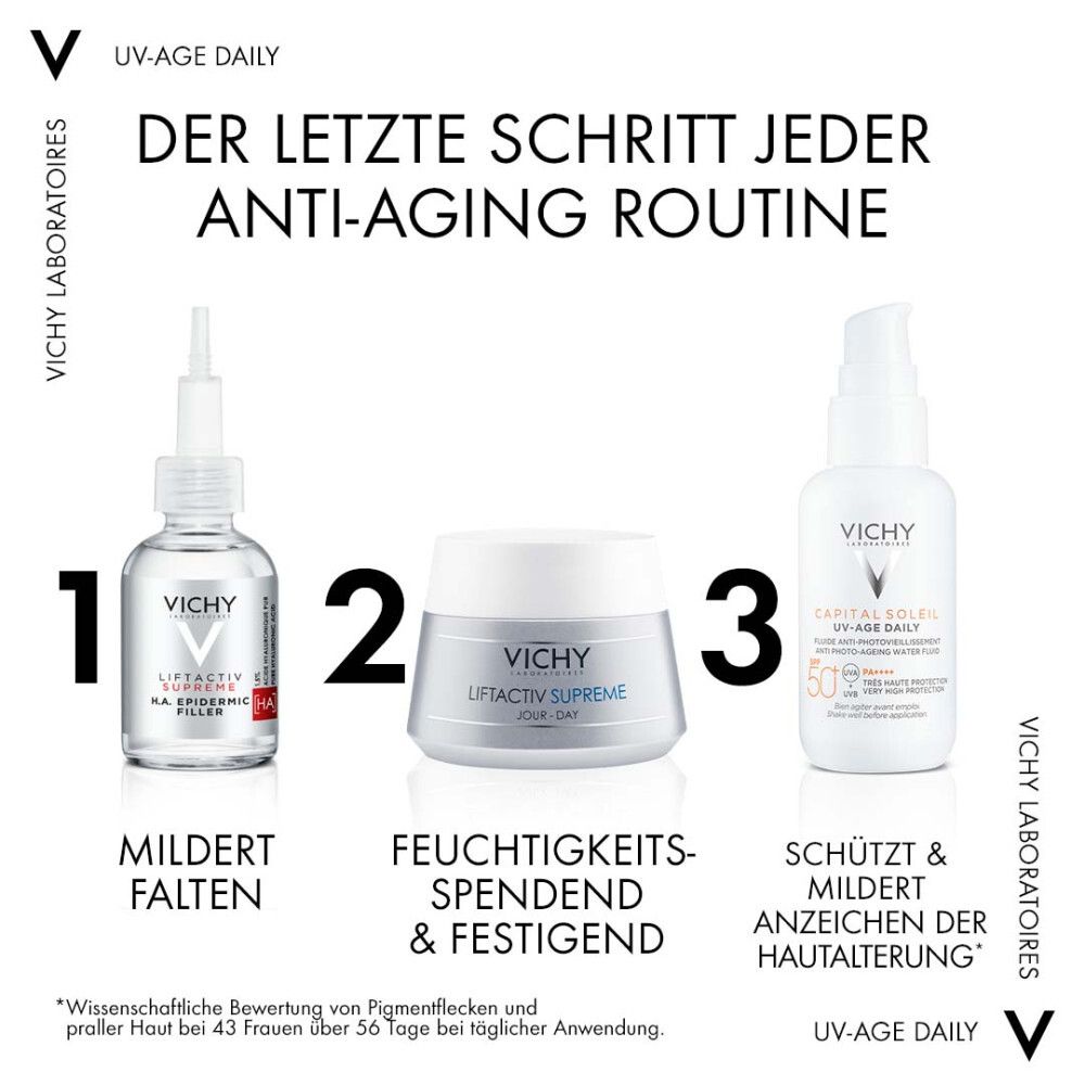 Mani che tengono un flacone. Testo: Ora anche colorato. Scritta: Vichy CAPITAL SOLEIL UV-Age Daily.