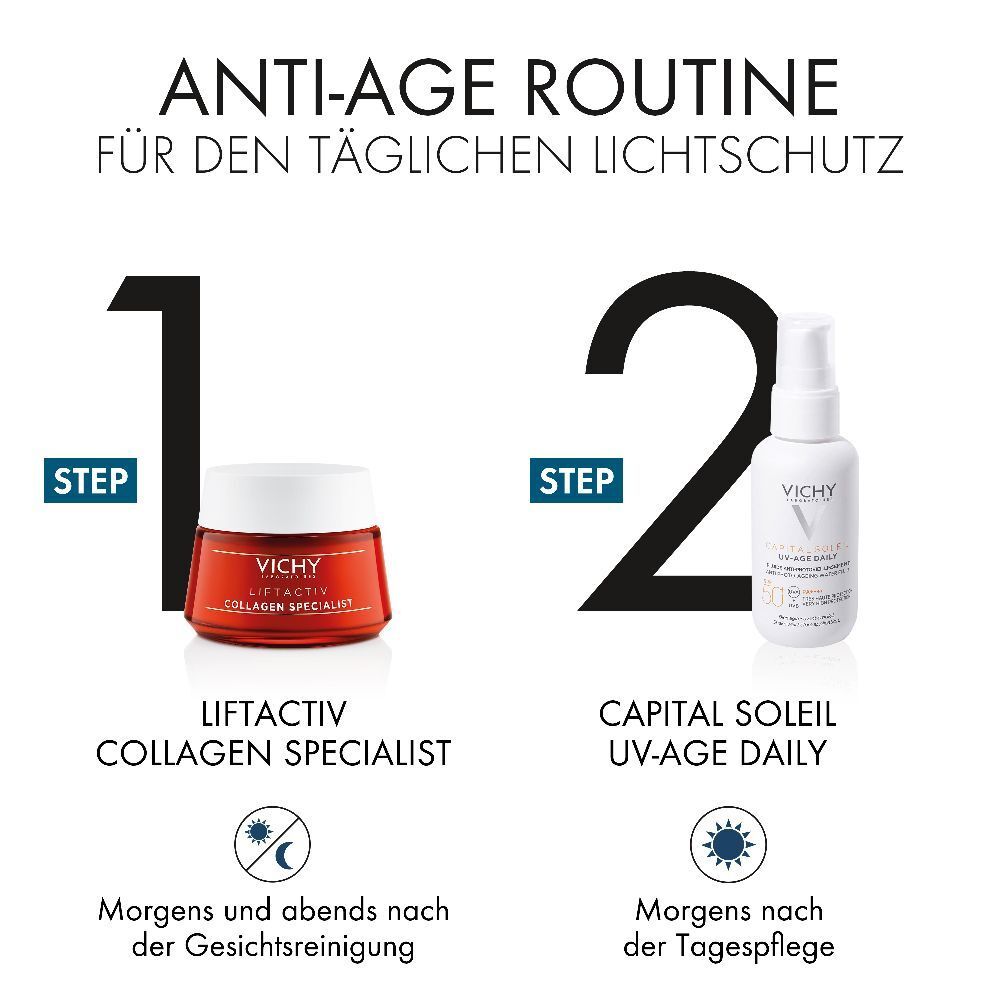 Routine anti-età. Prodotti: Liftactiv Collagen Specialist e CAPITAL SOLEIL UV-Age Daily.