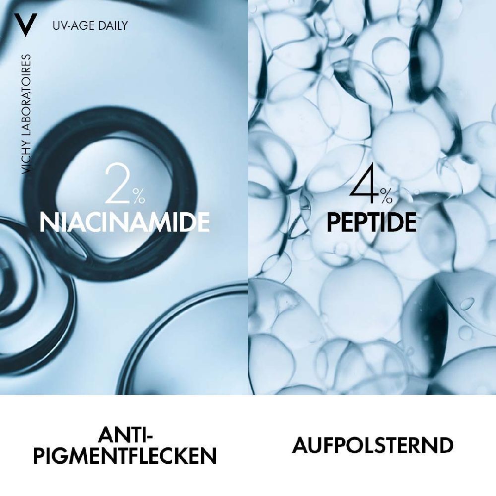Testo e texture del prodotto. Testo: 2% Niacinamide, anti-macchie. 4% peptidi, rimpolpante.
