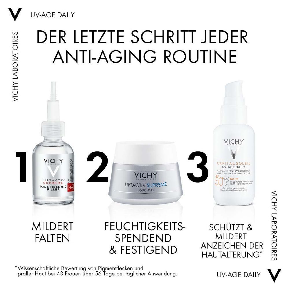 Routine anti-età. Prodotti: Hyaluron Filler, Liftactiv Supreme, CAPITAL SOLEIL UV-Age Daily.