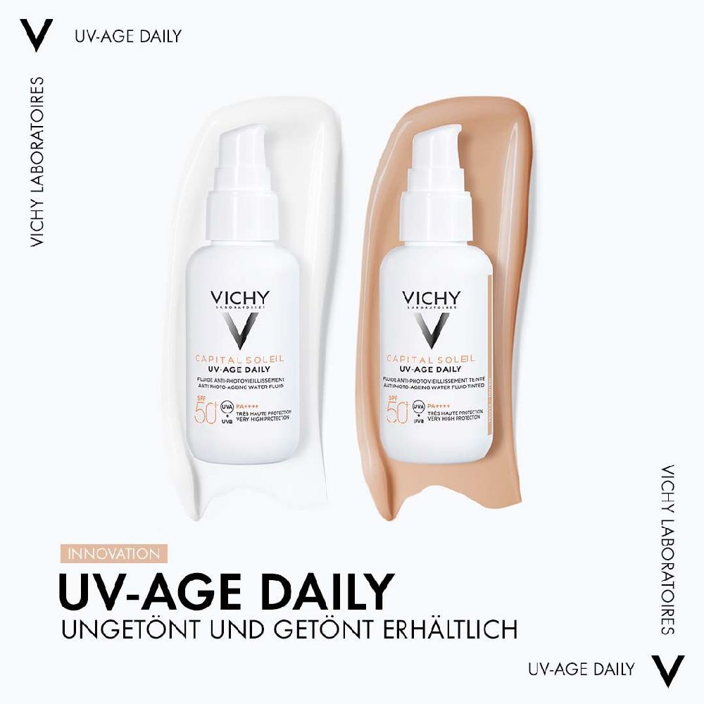 Due flaconi. Scritta: UV-Age Daily. Disponibile non colorato e colorato.