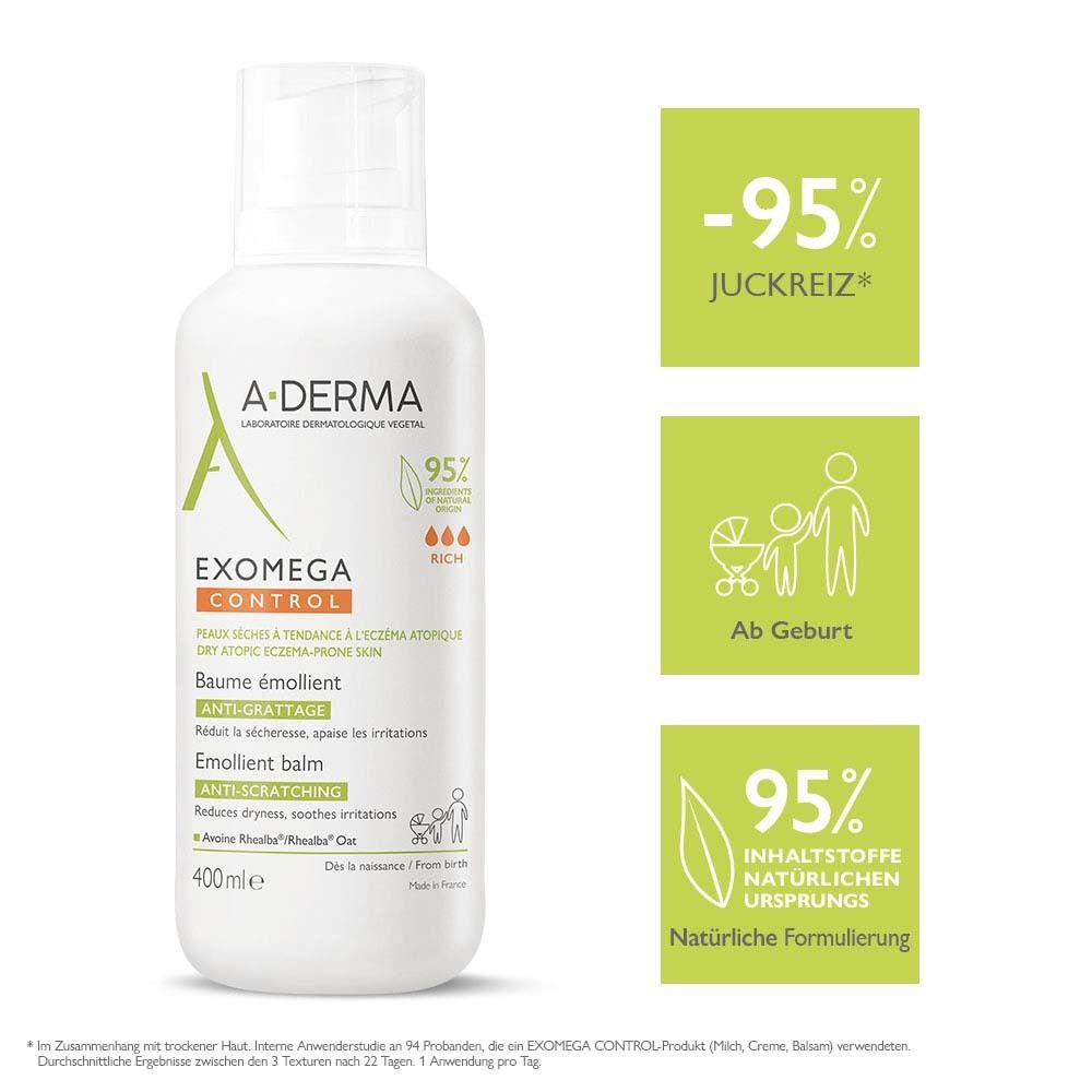 Flacone A-DERMA EXOMEGA Control con infografiche verdi: -95% prurito, Da subito, 95% ingredienti naturali.
