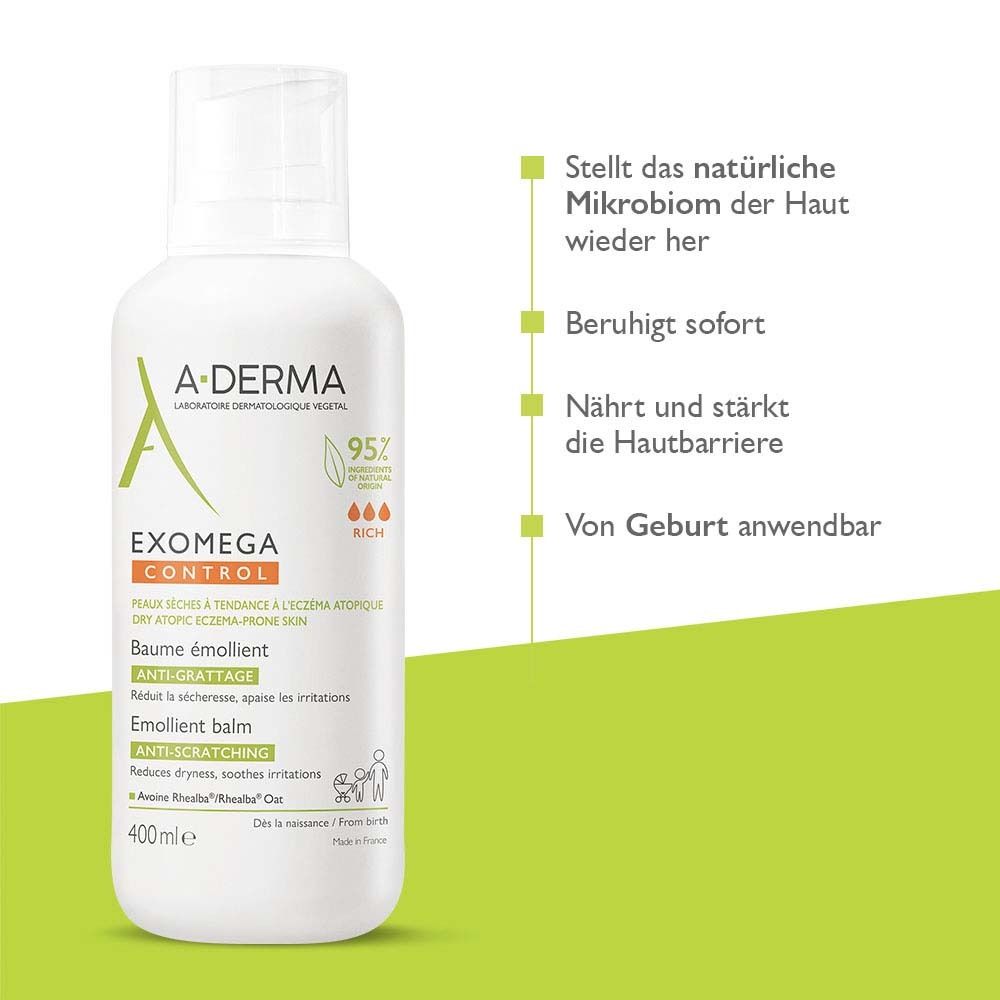 Flacone A-DERMA EXOMEGA Control con infografiche verdi: Microbioma, lenisce, nutre, da subito.