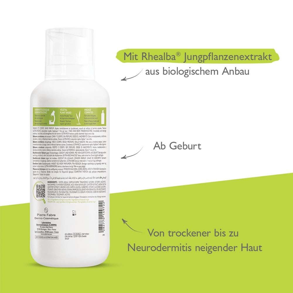 Retro del flacone A-DERMA EXOMEGA Control. Testo e QR code. Con estratto di plantule di Rhealba.