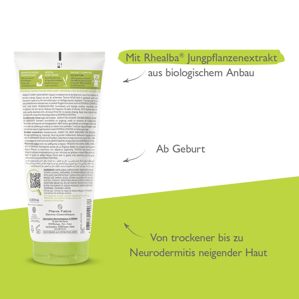Retro del tubo di crema A-DERMA EXOMEGA Control. Testo: Con estratto di plantule di Rhealba, dalla nascita, per pelli a tendenza atopica.