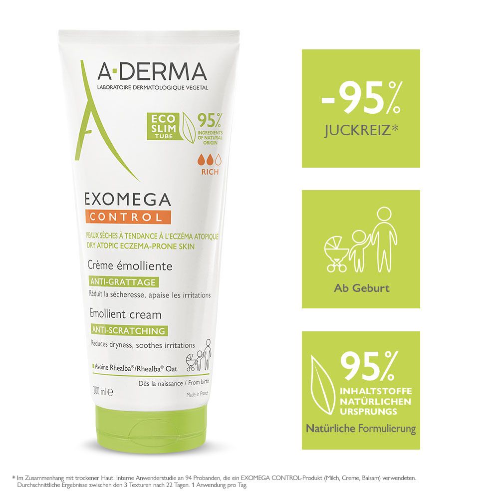 A-DERMA EXOMEGA Control Crema. Testo: -95% prurito, dalla nascita, 95% ingredienti di origine naturale. Formulazione naturale.
