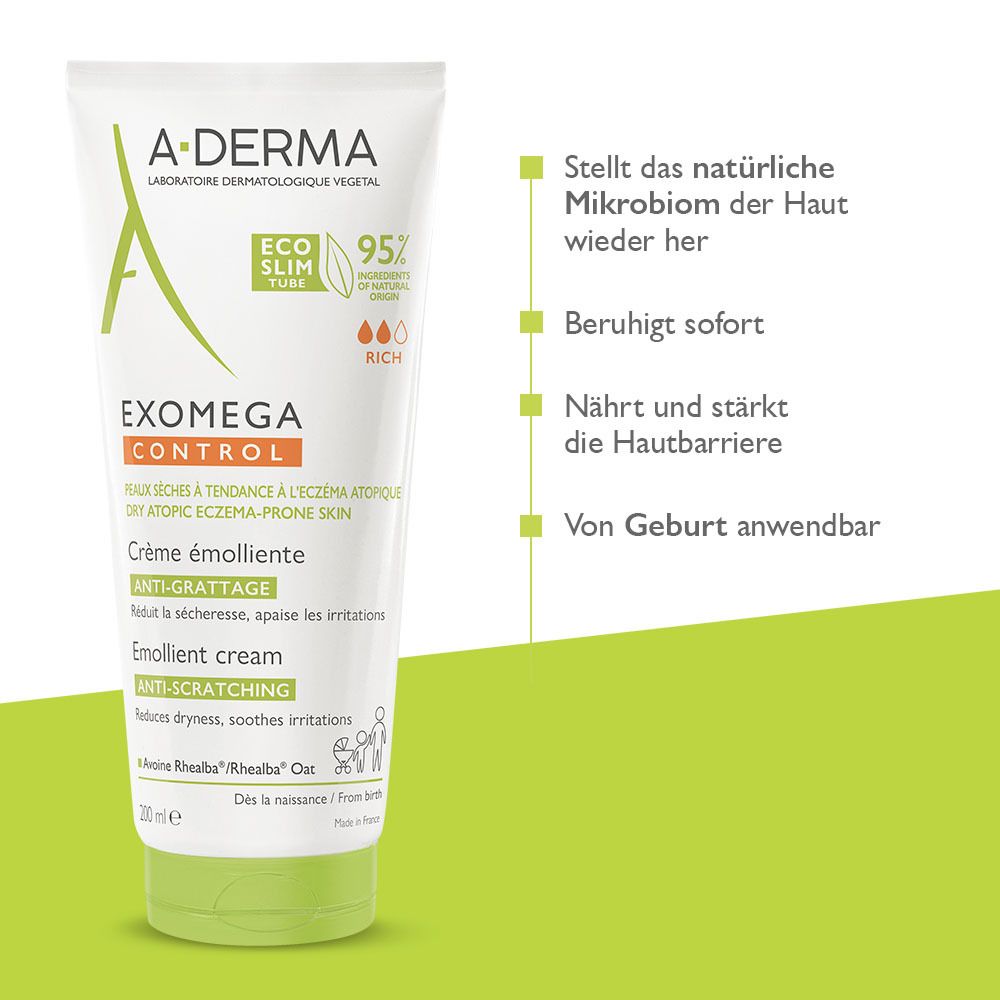 A-DERMA EXOMEGA Control Crema. Testo: Ripristina il microbioma naturale della pelle. Lenisce immediatamente. Nutre e rafforza la barriera cutanea.