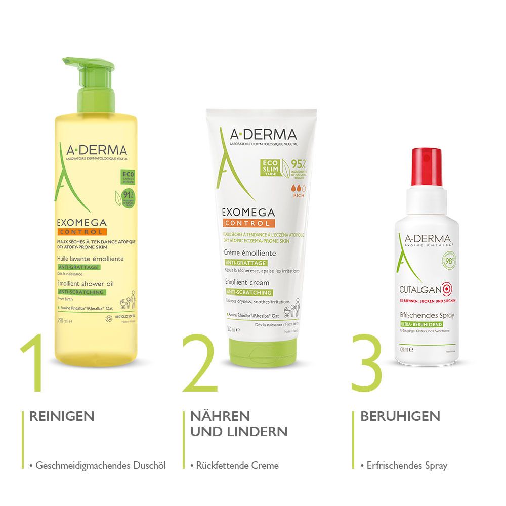 Tre prodotti A-DERMA: Olio doccia, crema e spray. Testo: Detergere, Nutrire e Lenire, Calmante. Olio doccia emolliente, crema relipidante.