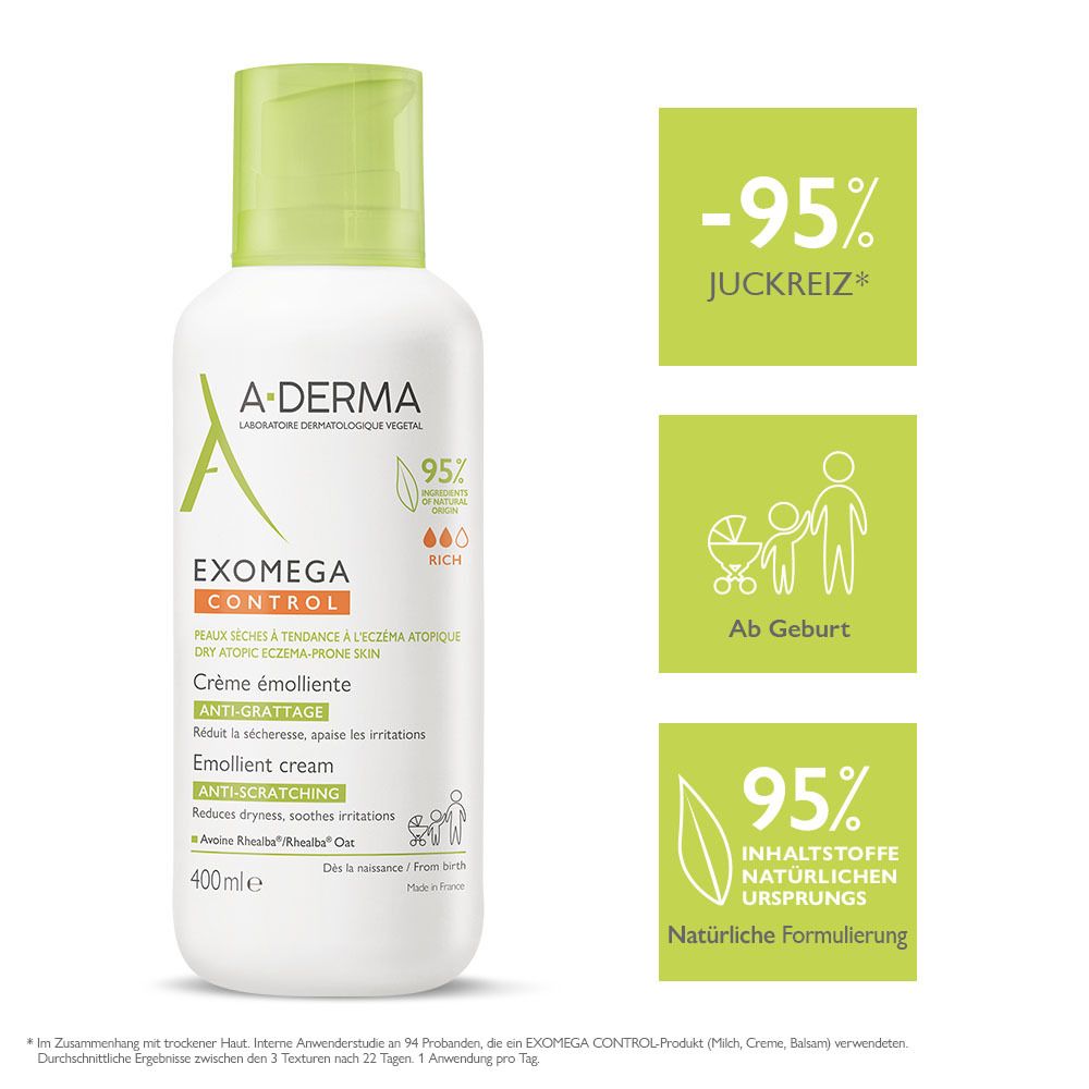 Flacone bianco con tappo verde. A-DERMA, EXOMEGA CONTROL. Ulteriori informazioni: -95% prurito, Dalla nascita, 95% ingredienti naturali.