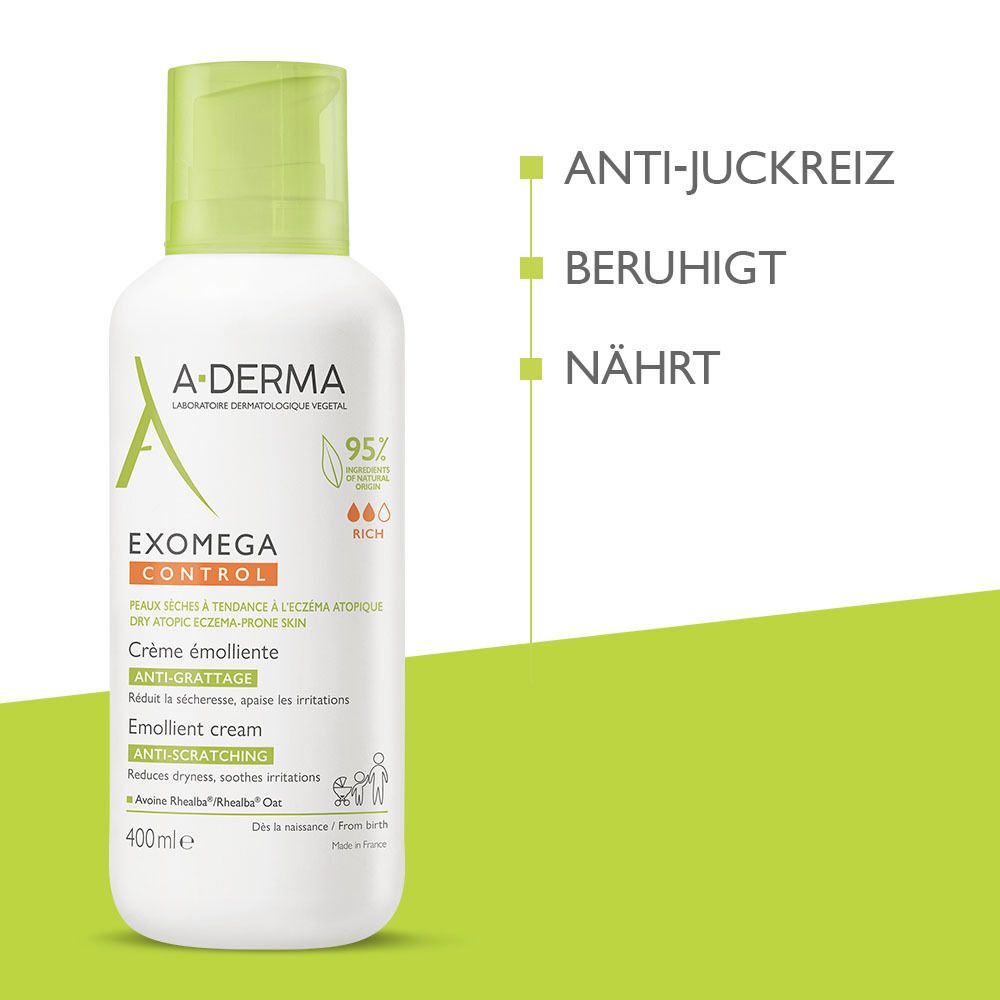 Flacone bianco con tappo verde. A-DERMA, EXOMEGA CONTROL. Testo: Anti-prurito, Lenisce, Nutre. Sfondo verde.