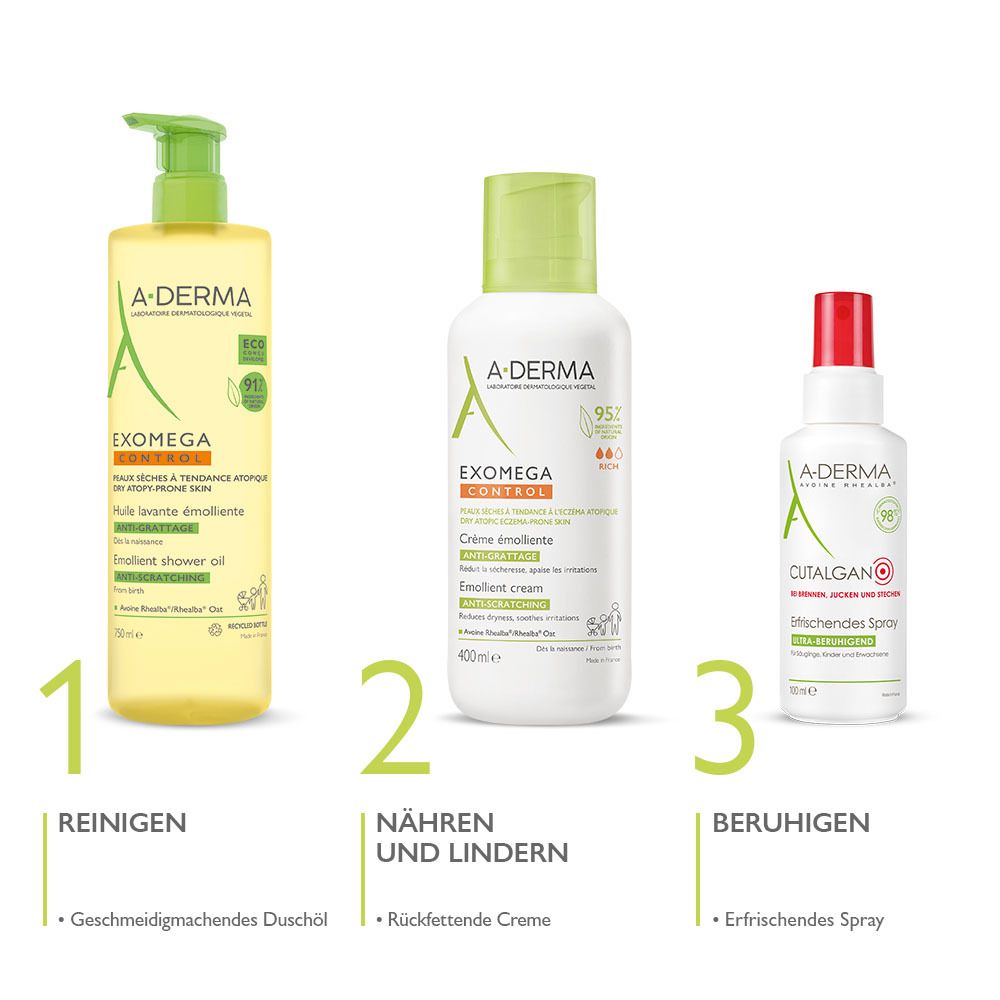 Tre prodotti: olio doccia, crema e spray. A-DERMA EXOMEGA. Testo: Detergere, Nutrire e lenire, Lenire. Prodotti affiancati.