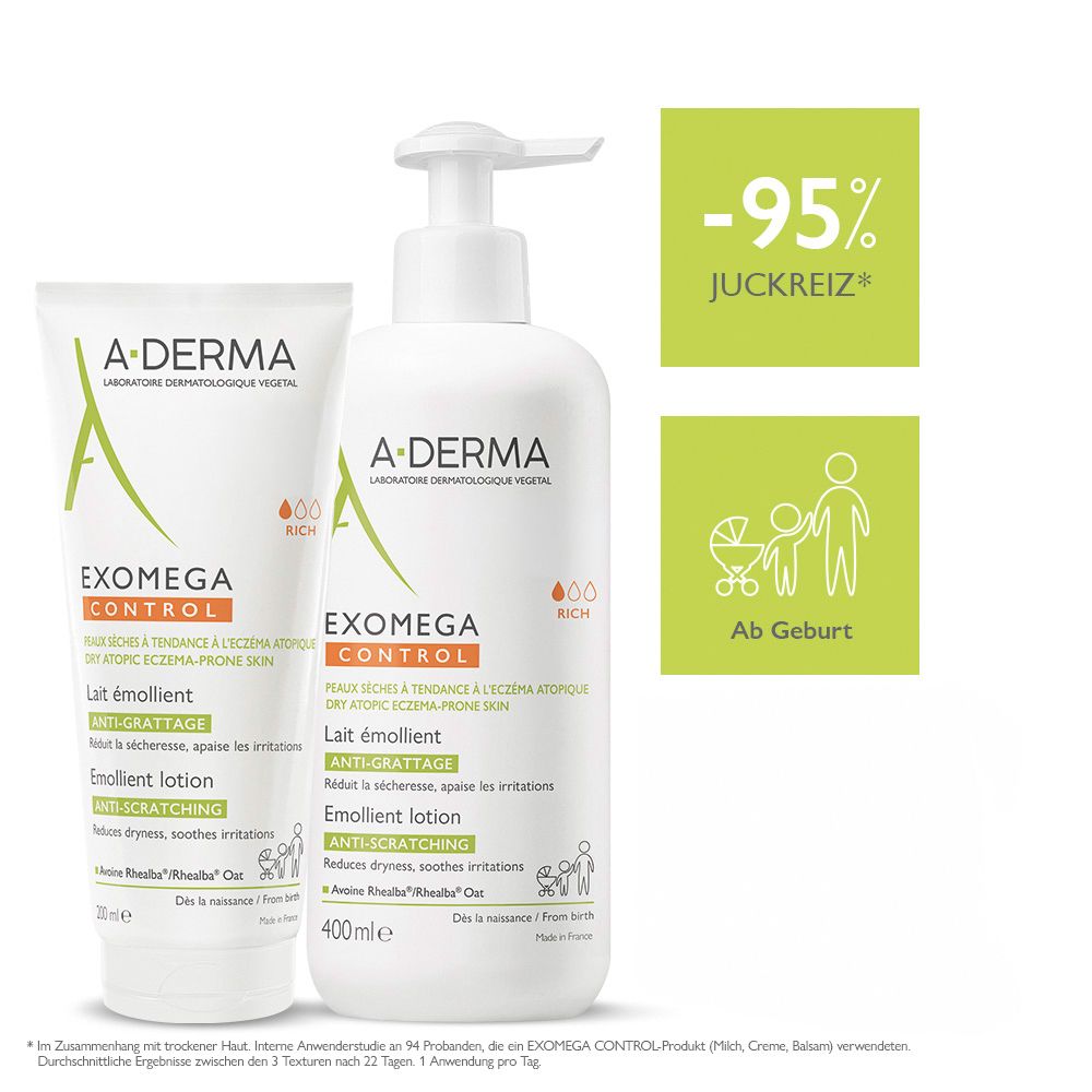 A-DERMA EXOMEGA CONTROL, crema e lozione. Flaconi bianchi, logo verde. 95% ingredienti naturali. Da subito.
