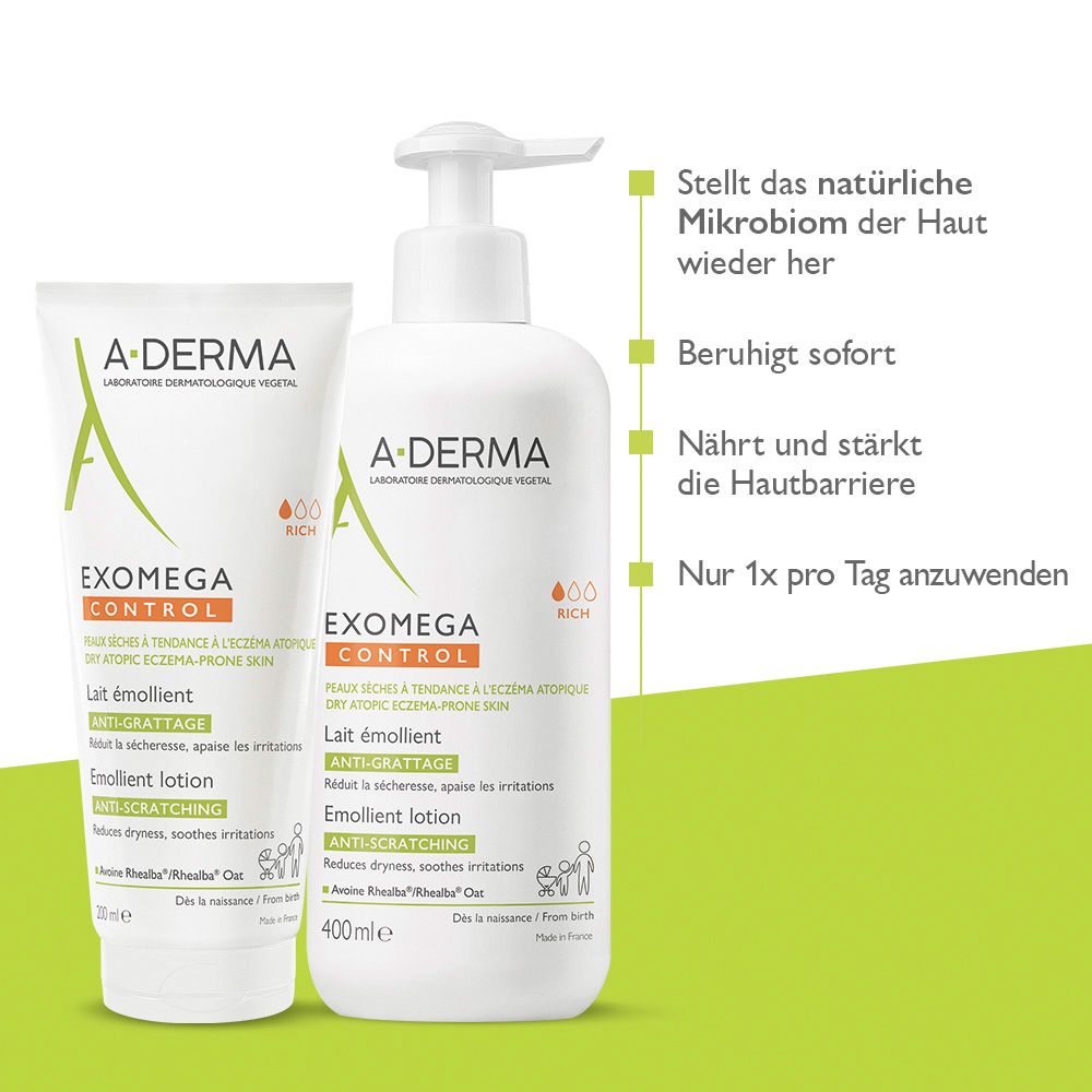 A-DERMA EXOMEGA CONTROL crema e lozione. Infografiche verdi: microbioma, lenisce, rinforza barriera cutanea, 1 volta al giorno.