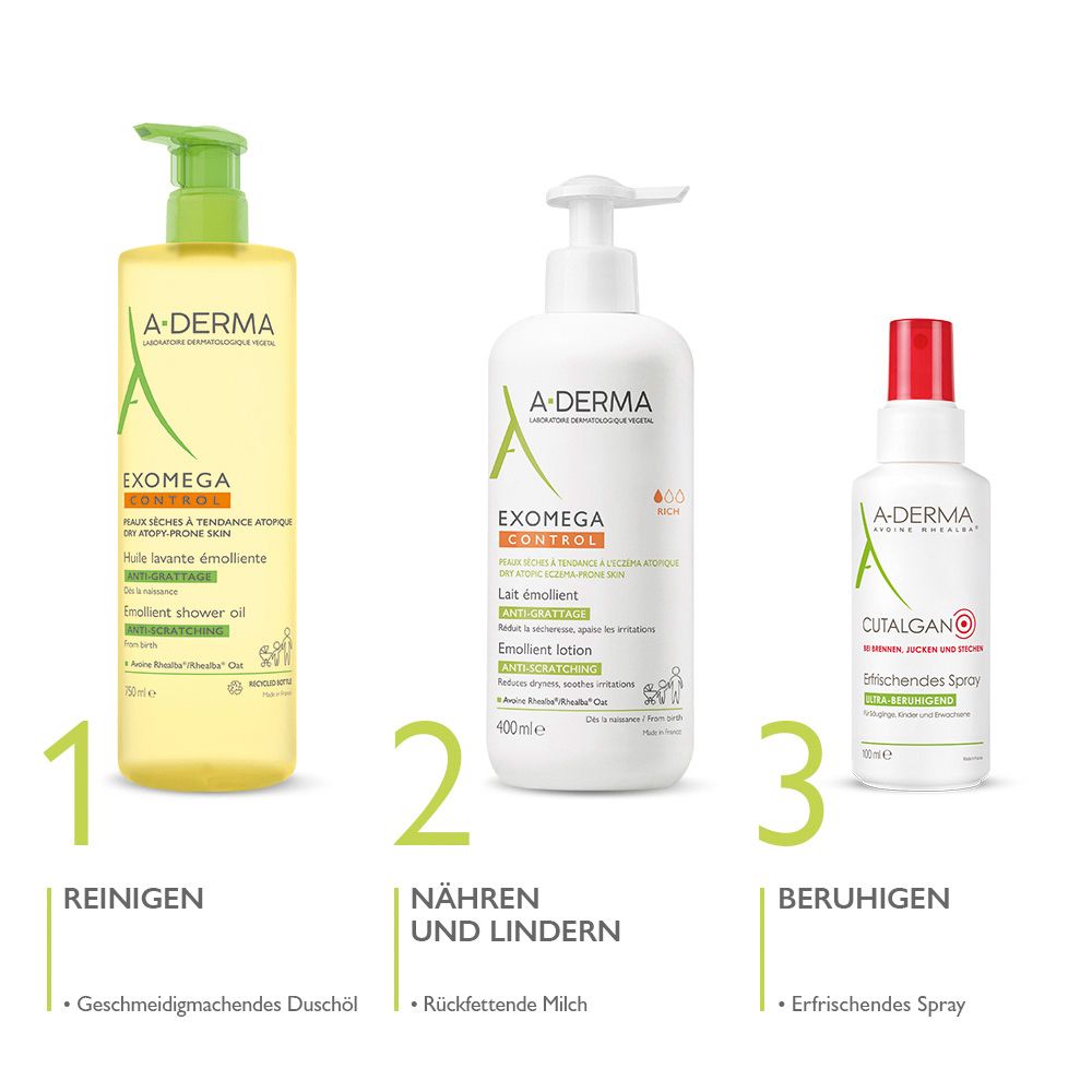 Ingredienti A-DERMA EXOMEGA CONTROL. Estratto di avena Rhealba, Filaxerina, Vitamina B3. Illustrazioni ingredienti.