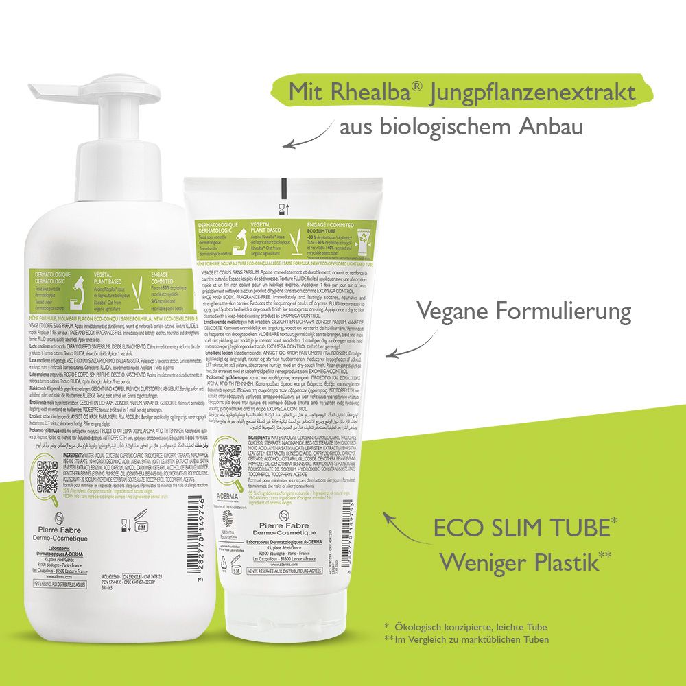 Retro del flacone e del tubo. A-DERMA EXOMEGA CONTROL. Testo e codice QR. Formula vegana. Tubo eco-slim.