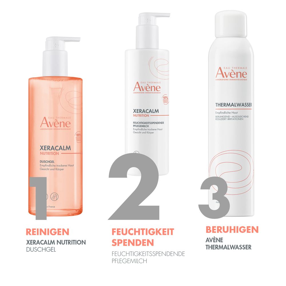 Bagnoschiuma, latte e acqua termale Avène XeraCalm Nutrition.