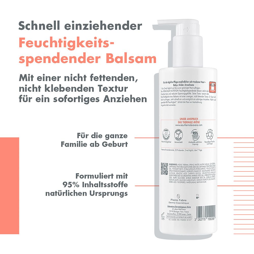 Flacone bianco con dosatore. Scritta: Avène XeraCalm Nutrition Balsamo. Icone: Nutriente, protettivo.