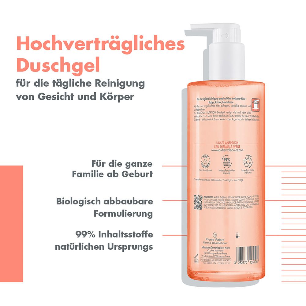 Bagnoschiuma Avène XeraCalm Nutrition. Alta tollerabilità, biodegradabile, 99% ingredienti naturali.