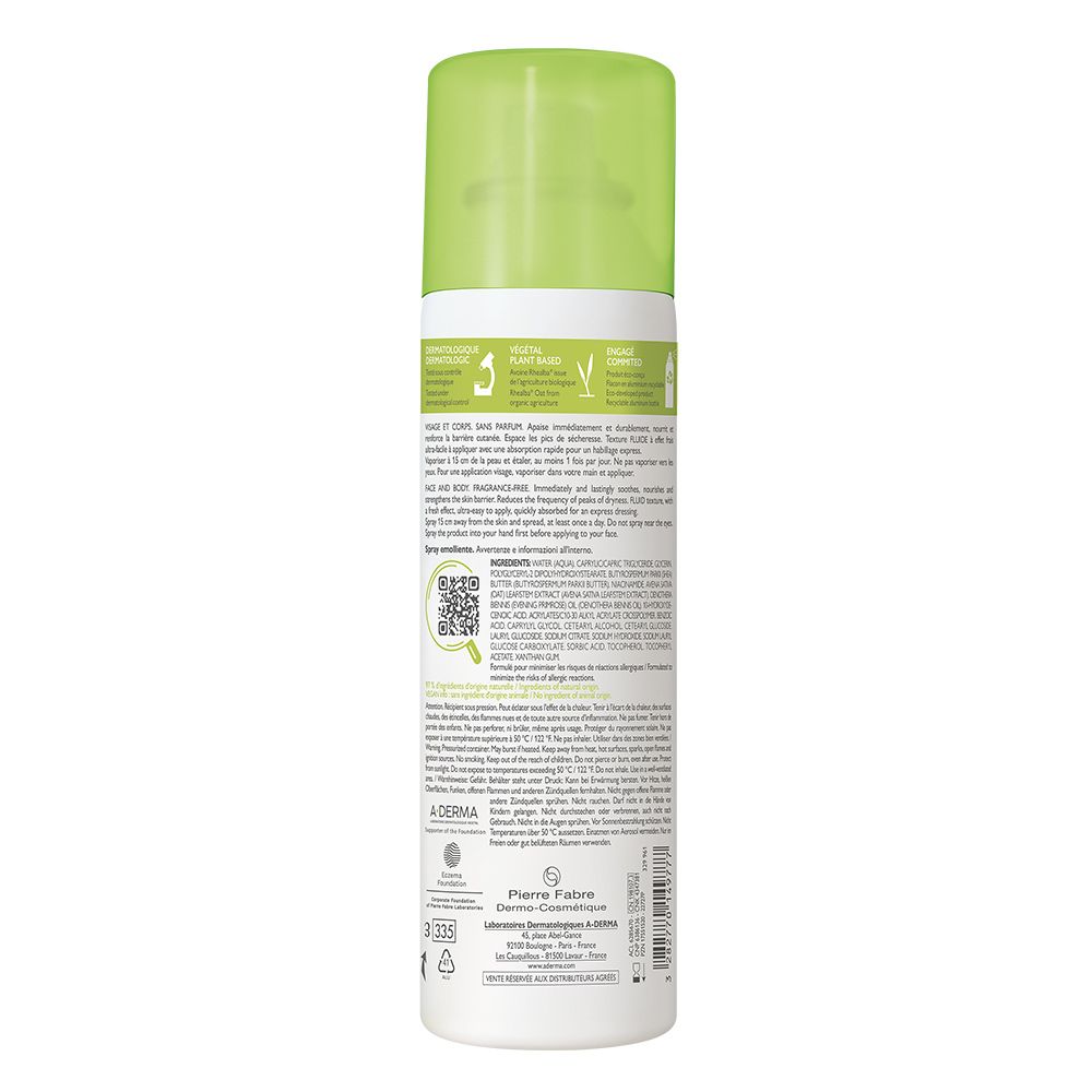Retro dello spray A-DERMA EXOMEGA CONTROL. Testo, codice QR e loghi visibili.