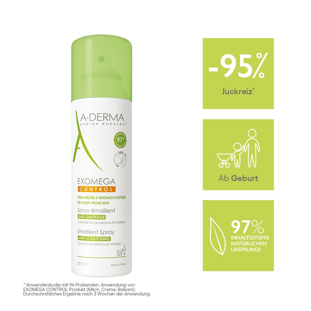 Spray A-DERMA EXOMEGA CONTROL. Flacone con grafiche e testo. -95% prurito.